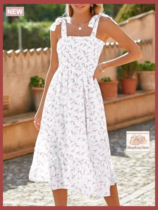 Summer Floral Maxi Dress Boho Tie Strap Sleeveless Smocked A-Line Beach Sundress - Picture 4 of 7